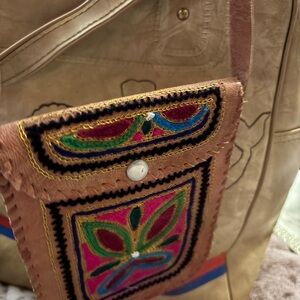 Tan Embroidered Shoulder Bag with Vibrant Design